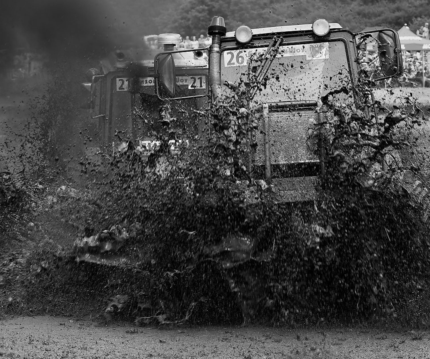 ROSTOV-ON-DON, RUSSIA - JUNE 05: (EDITORS NOTE: Image has been converted to black and white.) Drivers compete during 14th annual Bizon-Track-Show tractors race on June 5, 2016 in Rostov-on-Don, Russia. Farmers compete in the race on their tractors with an engine capacity of not more than 5 liters. (Photo by Oleg Nikishin/Epsilon/Getty Images)