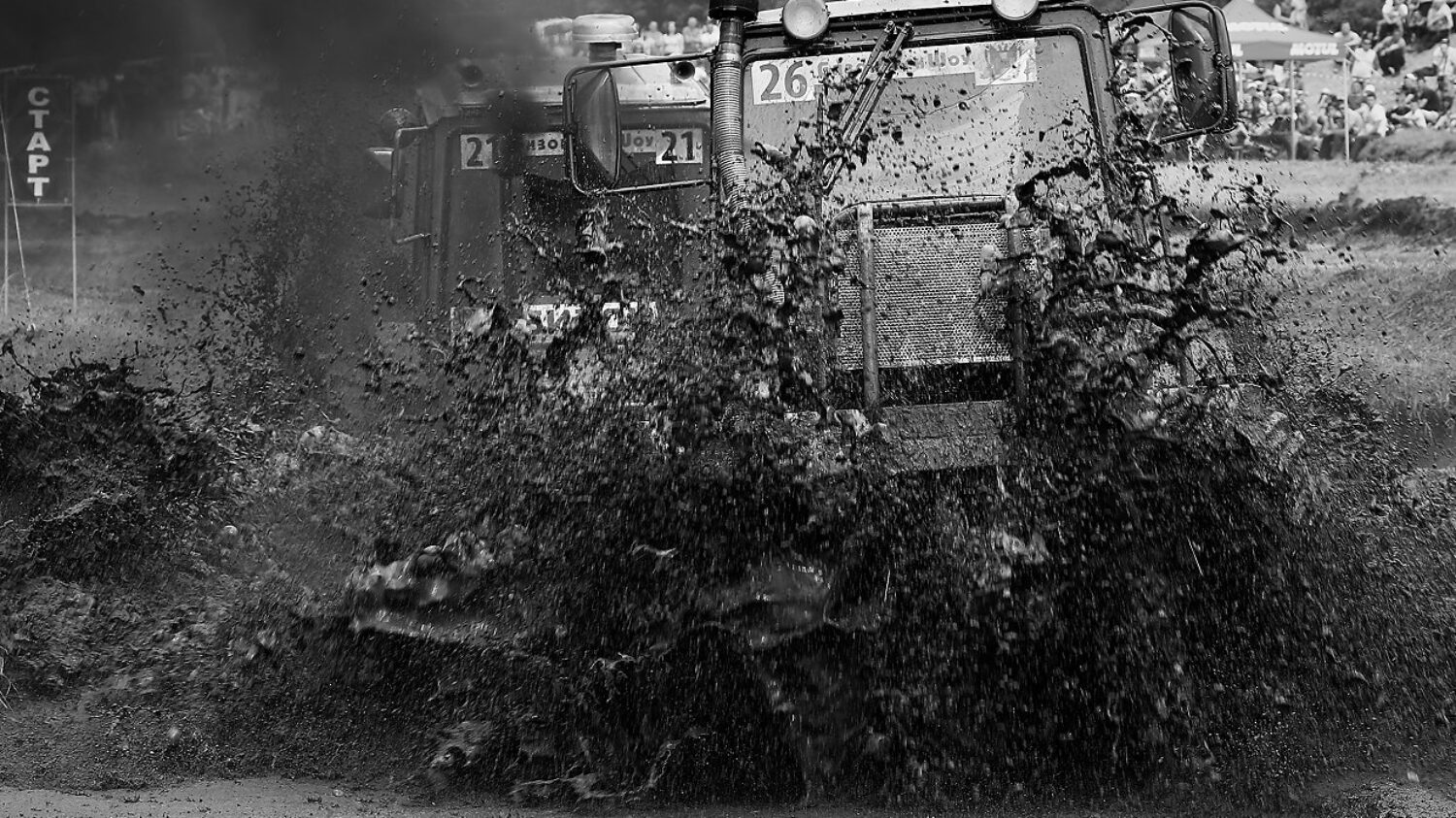 ROSTOV-ON-DON, RUSSIA - JUNE 05: (EDITORS NOTE: Image has been converted to black and white.) Drivers compete during 14th annual Bizon-Track-Show tractors race on June 5, 2016 in Rostov-on-Don, Russia. Farmers compete in the race on their tractors with an engine capacity of not more than 5 liters. (Photo by Oleg Nikishin/Epsilon/Getty Images)