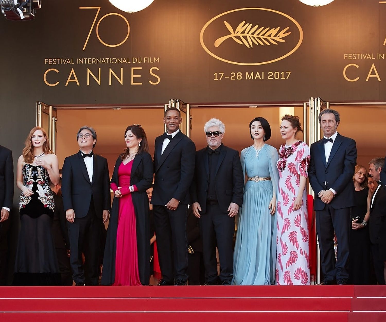 CANNES, FRANCE - MAY 17: (L-R) Jury members Gabriel Yared, Jessica Chastain, Park Chan-wook, Agnes Jaoui and Will Smith, President of the jury Pedro Almodovar and jury members Fan Bingbing, Maren Ade and Paolo Sorrentinoattend the 'Ismael's Ghosts (Les Fantomes d'Ismael)' screening and Opening Gala during the 70th annual Cannes Film Festival at Palais des Festivals on May 17, 2017 in Cannes, France. (Photo by Oleg Nikishin/Epsilon/Getty Images)